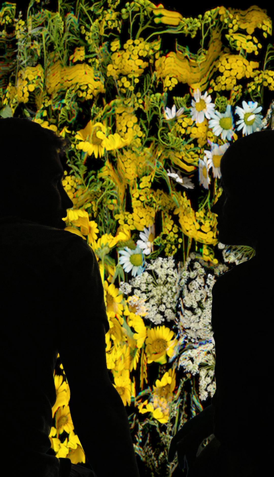Two people talking in front of a Katherine Melançon artwork