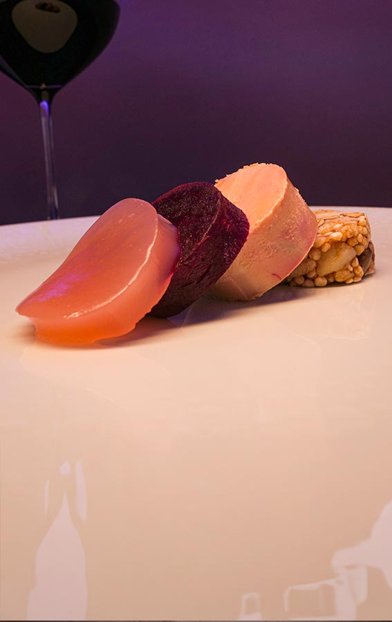 Four medallions stacked, beet, foie gras, sakura, macadamia