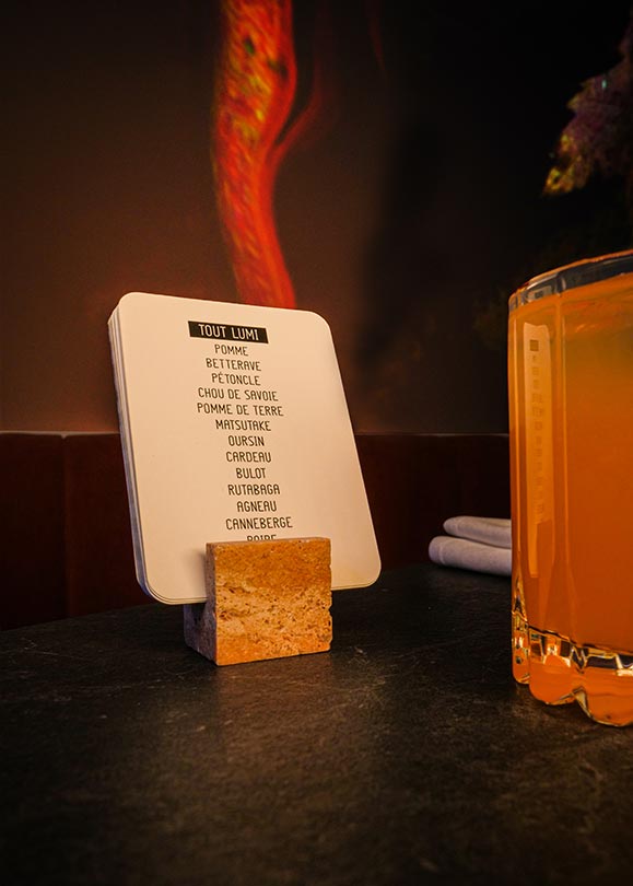 All LUMI 14 course menu card with cocktail