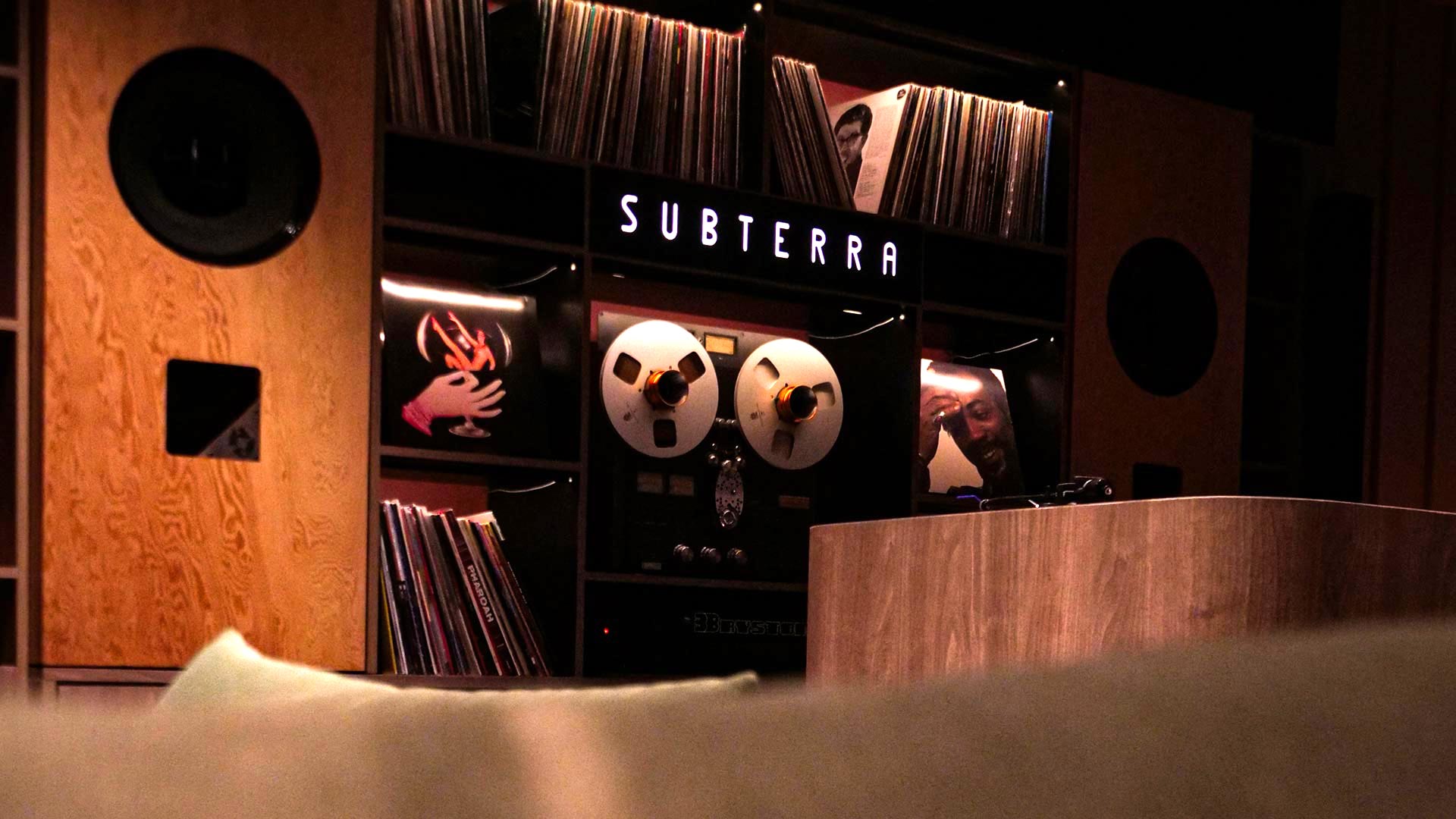 Subterra audio wall with Altec speakers and Technics reel to reel and Tom Noble vinyl