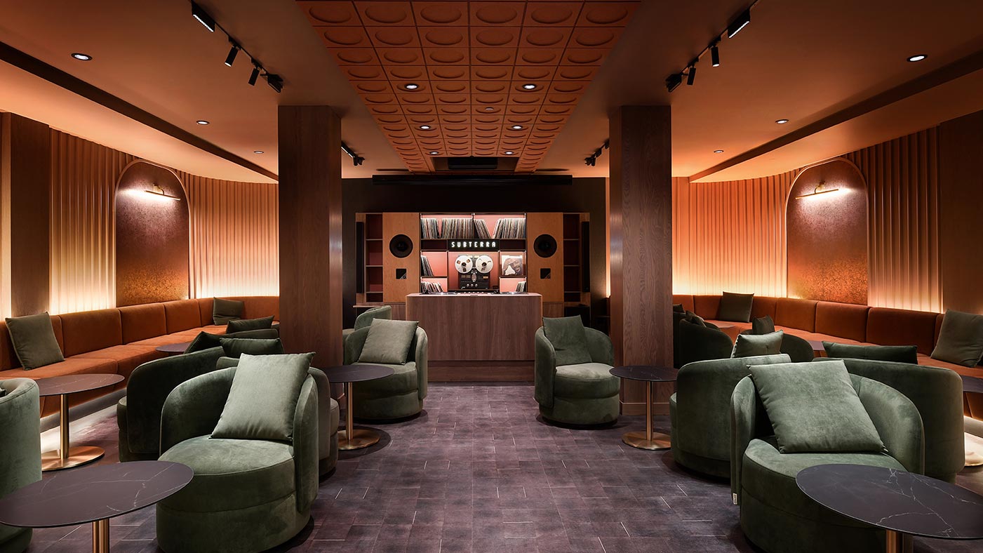 Subterra audio lounge with comfortable seating and soothing tones.