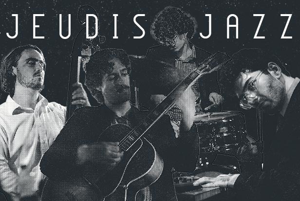 Quatuor de musiciens jazz avec le titre jeudi jazz en noir et blanc