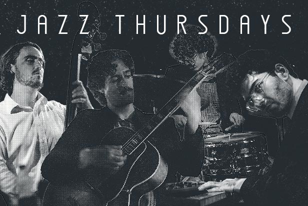 Jazz Thursdays title with quartet jazz musicians in black and white.